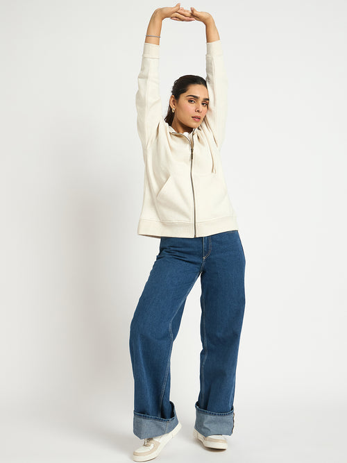 Oat Melange Oversized Front Zip Fleece Hoodie
