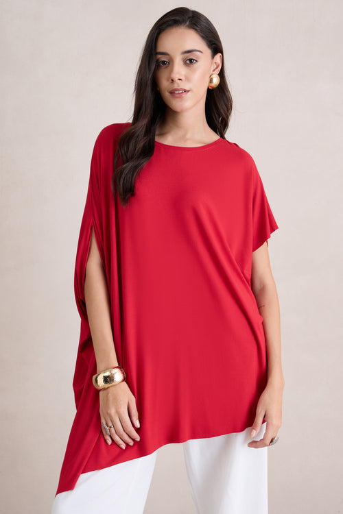 Bamboo Red Knit Oversize  Asymmetrical Top