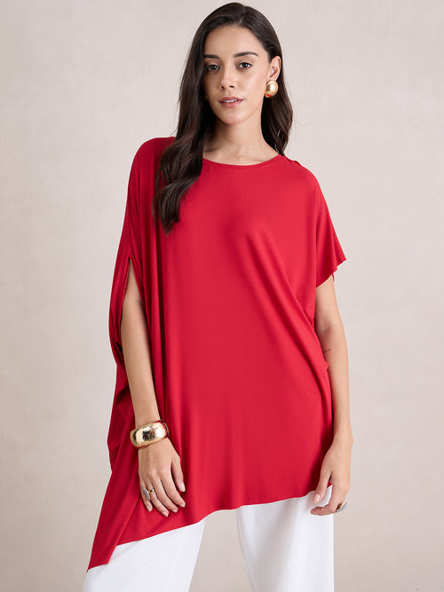 Bamboo Red Knit Oversize  Asymmetrical Top