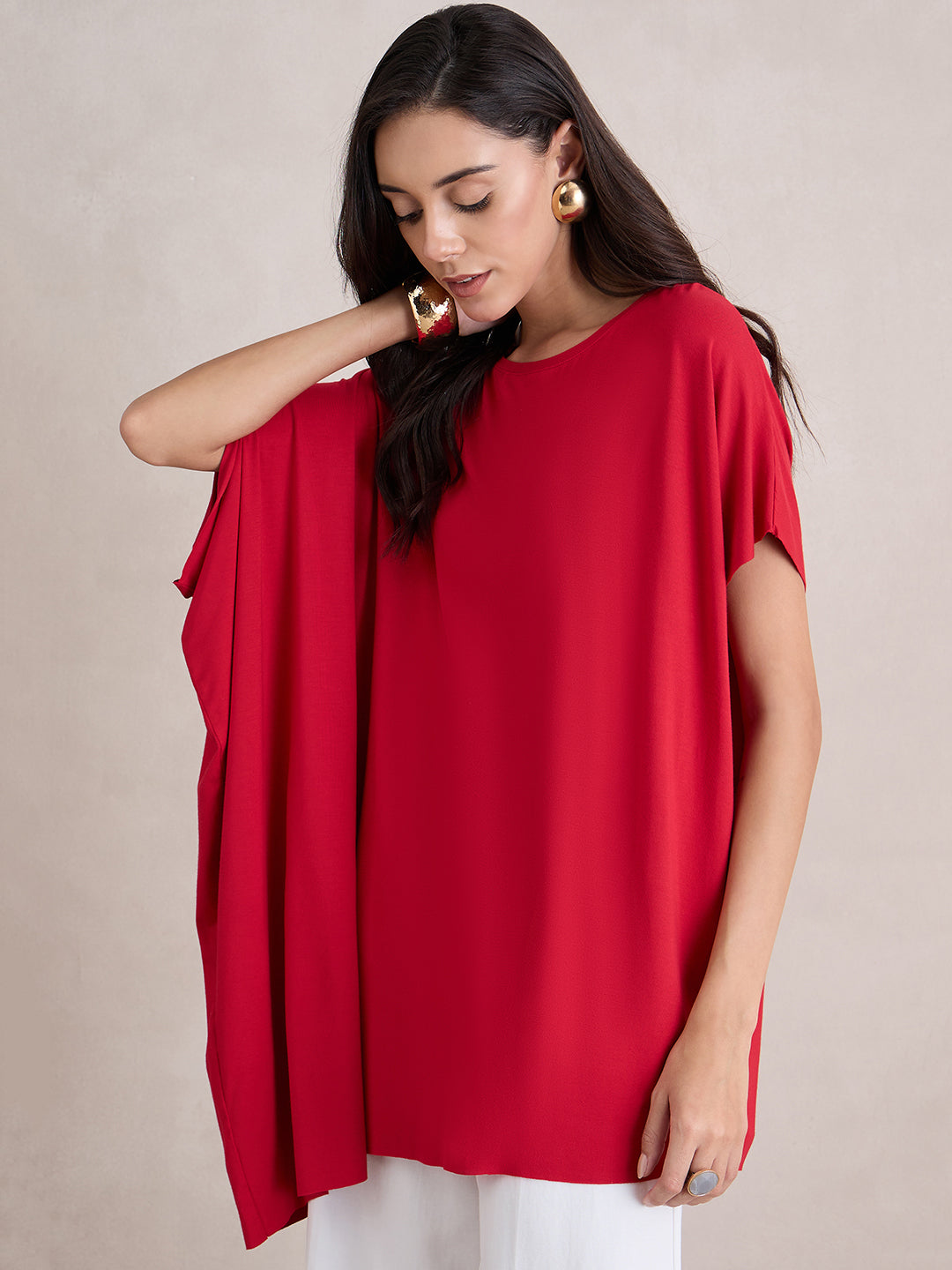 Bamboo Red Knit Oversize  Asymmetrical Top