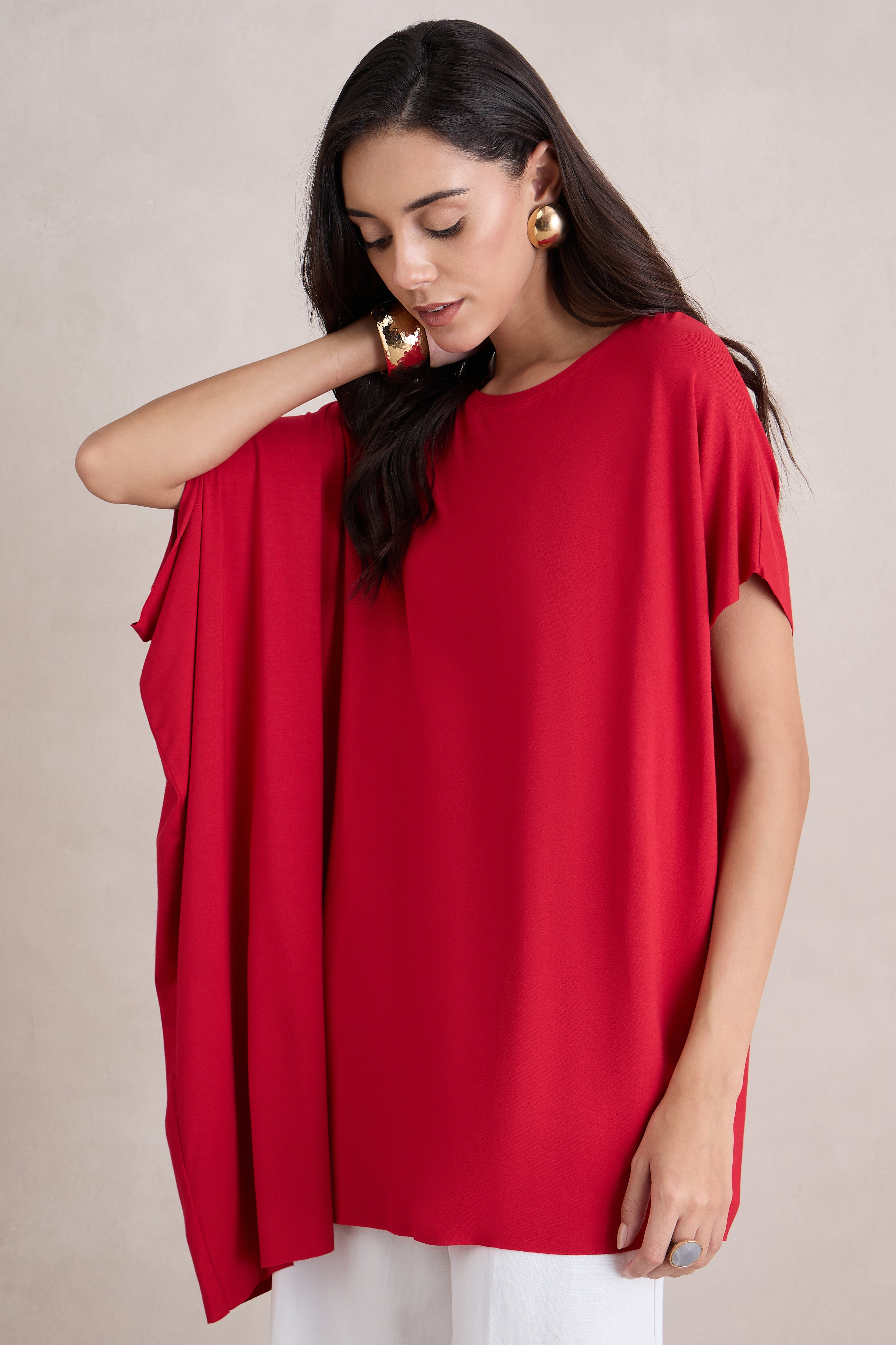 Bamboo Red Knit Oversize  Asymmetrical Top