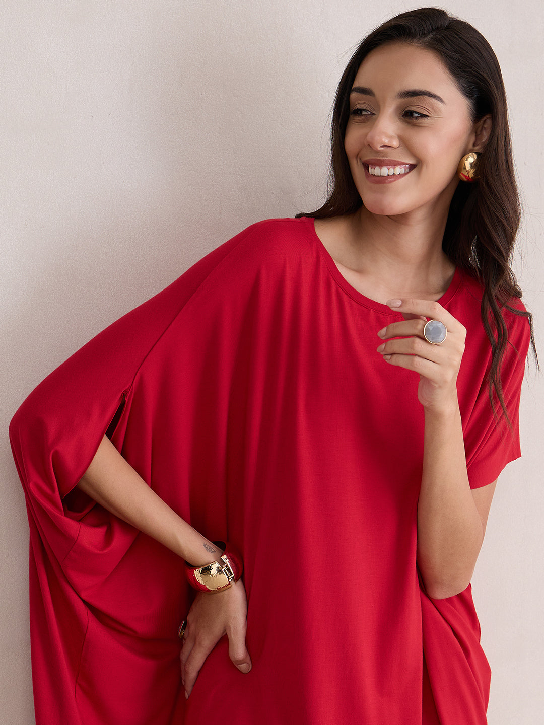 Bamboo Red Knit Oversize  Asymmetrical Top