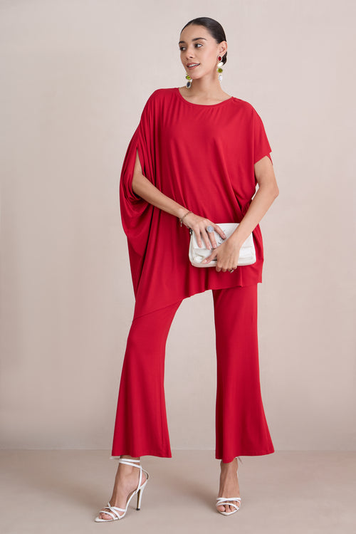 Bamboo Red Knit Oversize  Asymmetrical Top