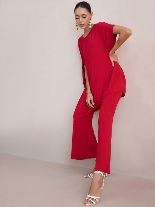 Bamboo Red Knit Flared Pants