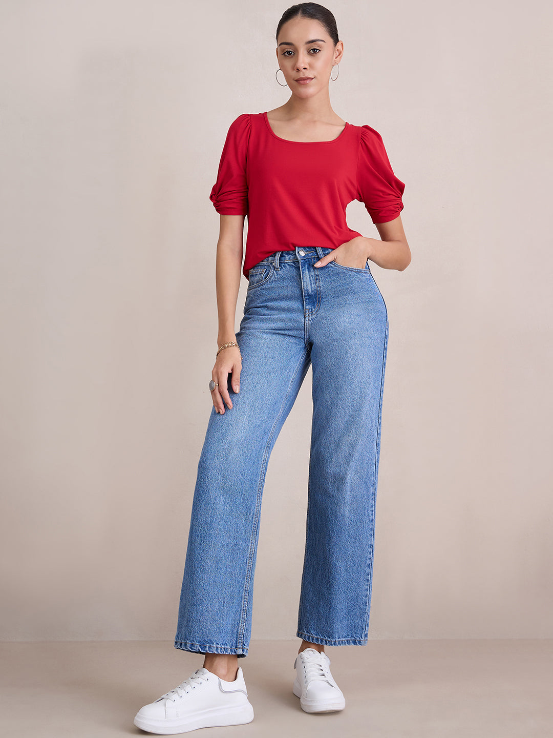 Bamboo Red Knit Knotted Sleeves Top