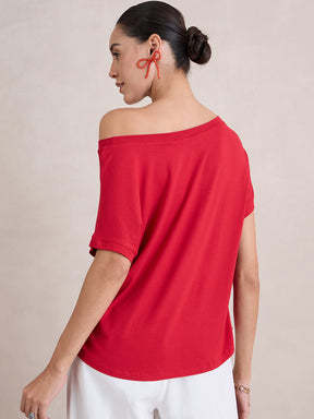 Bamboo Red Knit Off Shoulder Top