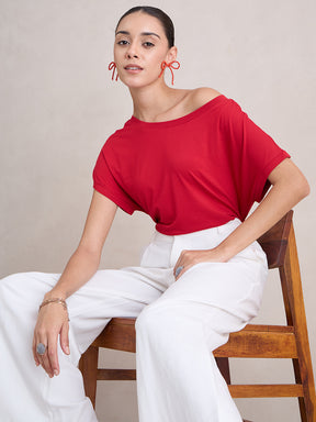 Bamboo Red Knit Off Shoulder Top