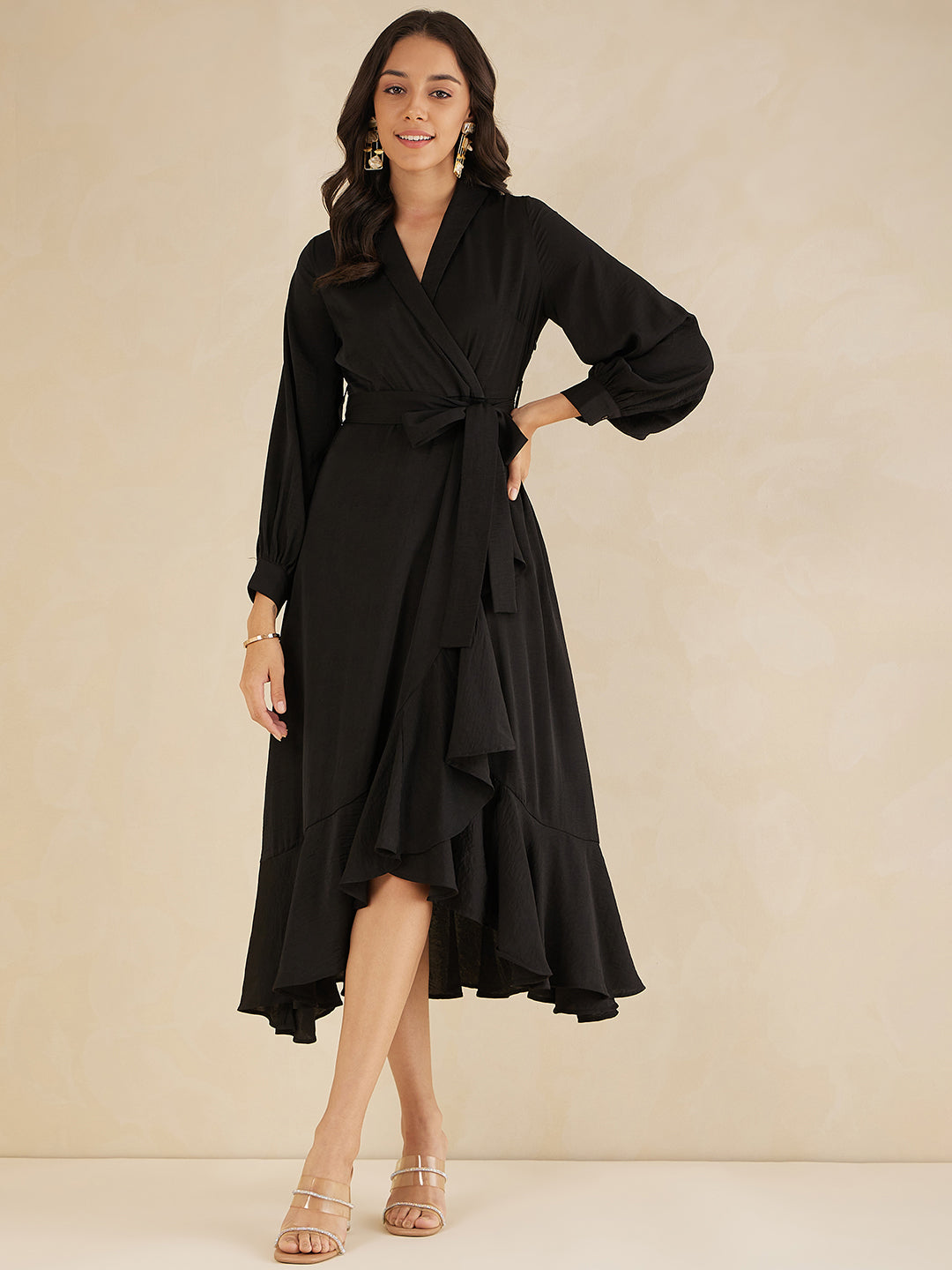 Black Shawl Collar Belted Wrap Maxi Dress