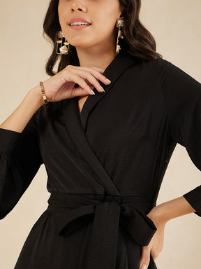 Black Shawl Collar Belted Wrap Maxi Dress
