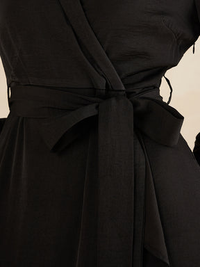Black Shawl Collar Belted Wrap Maxi Dress
