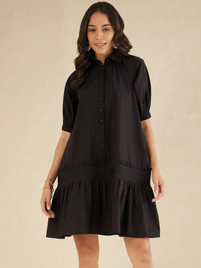 Black Cotton Poplin Shirt Collar Knee Length Dress