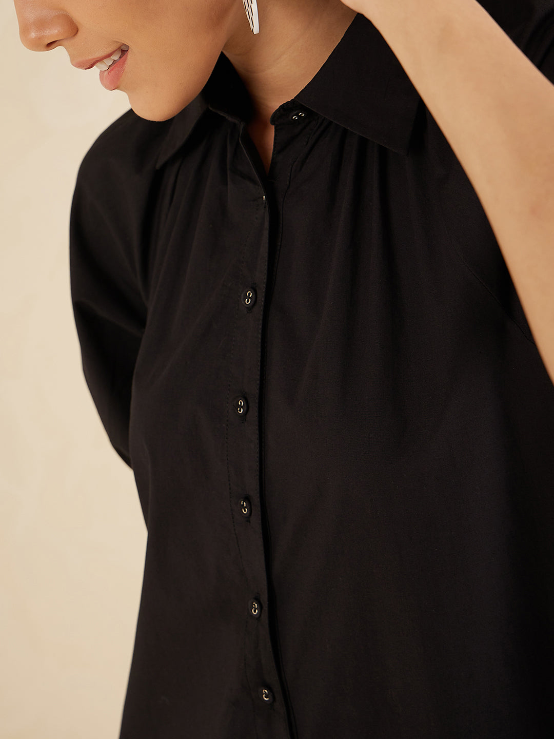 Black Cotton Poplin Shirt Collar Knee Length Dress