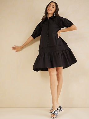 Black Cotton Poplin Shirt Collar Knee Length Dress