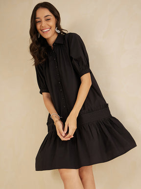 Black Cotton Poplin Shirt Collar Knee Length Dress