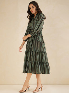 Green Bold  Stripes Printed Tiered Maxi Shirt Dress