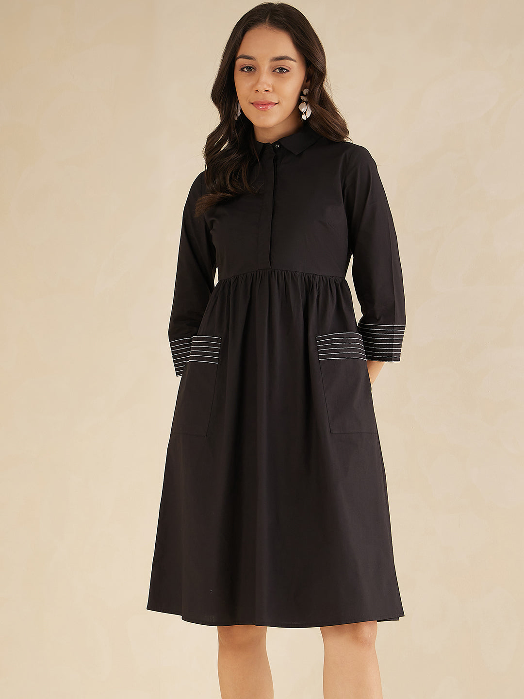 Black Cotton Poplin Contrast Stitch Detail Midi Dress
