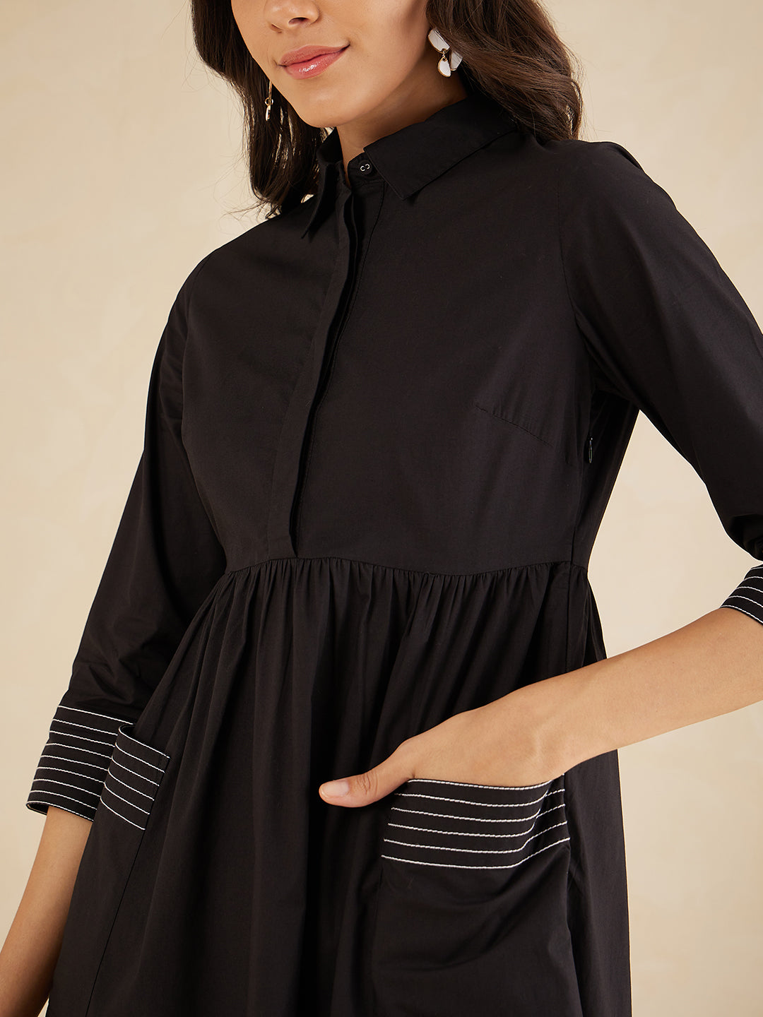 Black Cotton Poplin Contrast Stitch Detail Midi Dress