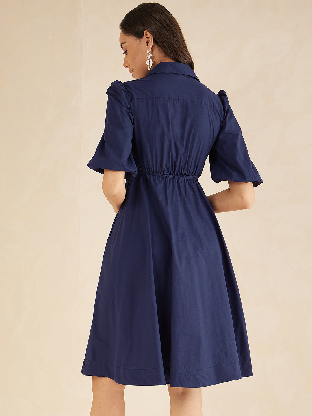 Navy Cotton Poplin Cutout Midi Dress