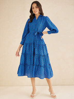 Blue Geometric Printed Tiered Maxi Shirt Dress