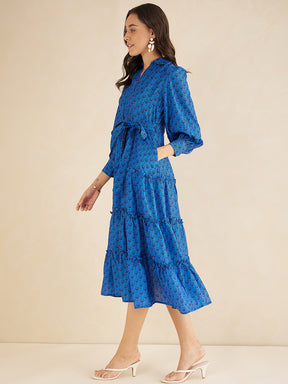 Blue Geometric Printed Tiered Maxi Shirt Dress