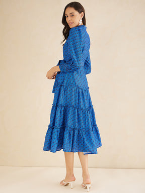 Blue Geometric Printed Tiered Maxi Shirt Dress