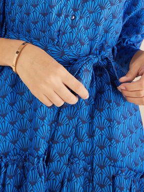 Blue Geometric Printed Tiered Maxi Shirt Dress