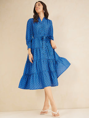 Blue Geometric Printed Tiered Maxi Shirt Dress