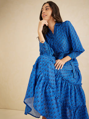 Blue Geometric Printed Tiered Maxi Shirt Dress