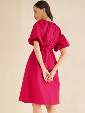 Pink Cotton Poplin Puff Sleeve Midi Dress