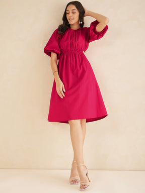 Pink Cotton Poplin Puff Sleeve Midi Dress