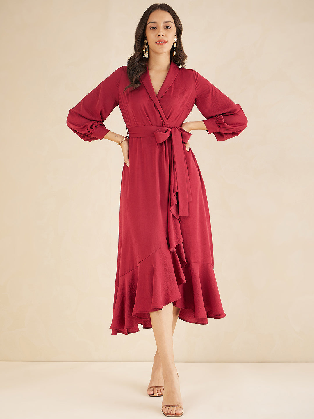 Red Shawl Collar Belted Wrap Maxi Dress