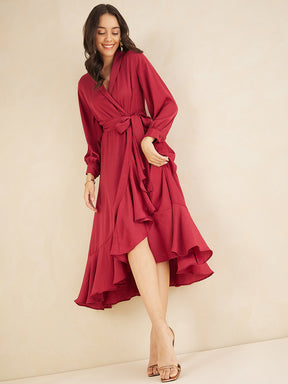 Red Shawl Collar Belted Wrap Maxi Dress