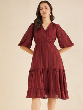 Deep Red Dobby Lurex Wrap Tiered Midi Dress