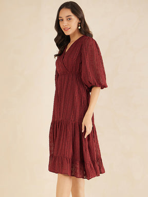 Deep Red Dobby Lurex Wrap Tiered Midi Dress