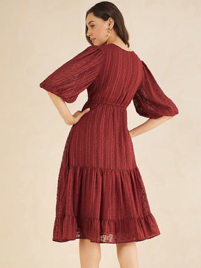 Deep Red Dobby Lurex Wrap Tiered Midi Dress