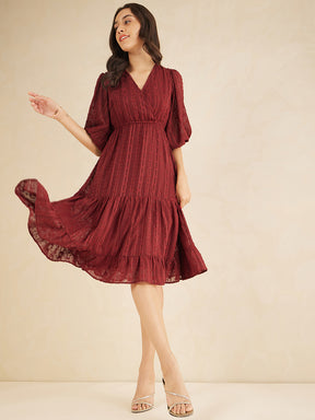 Deep Red Dobby Lurex Wrap Tiered Midi Dress