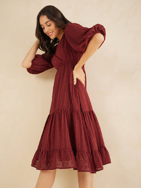 Deep Red Dobby Lurex Wrap Tiered Midi Dress