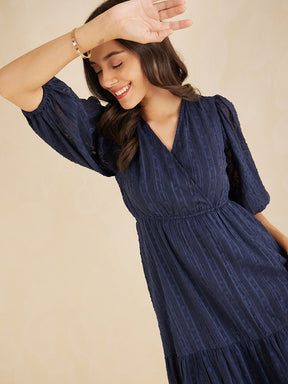 Navy Dobby Lurex Wrap Tiered Midi Dress