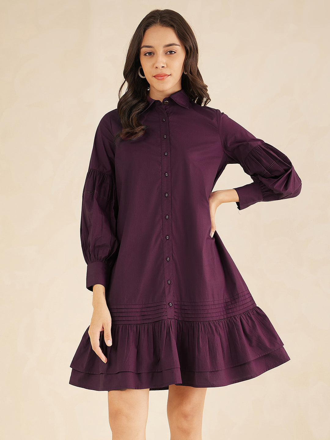 Wine Cotton Poplin Shirt knee length Dress