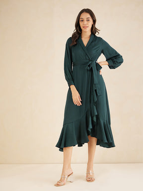 Green Shawl Collar Belted Wrap Maxi Dress