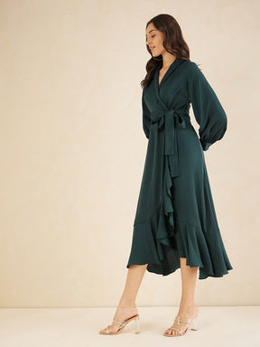 Green Shawl Collar Belted Wrap Maxi Dress