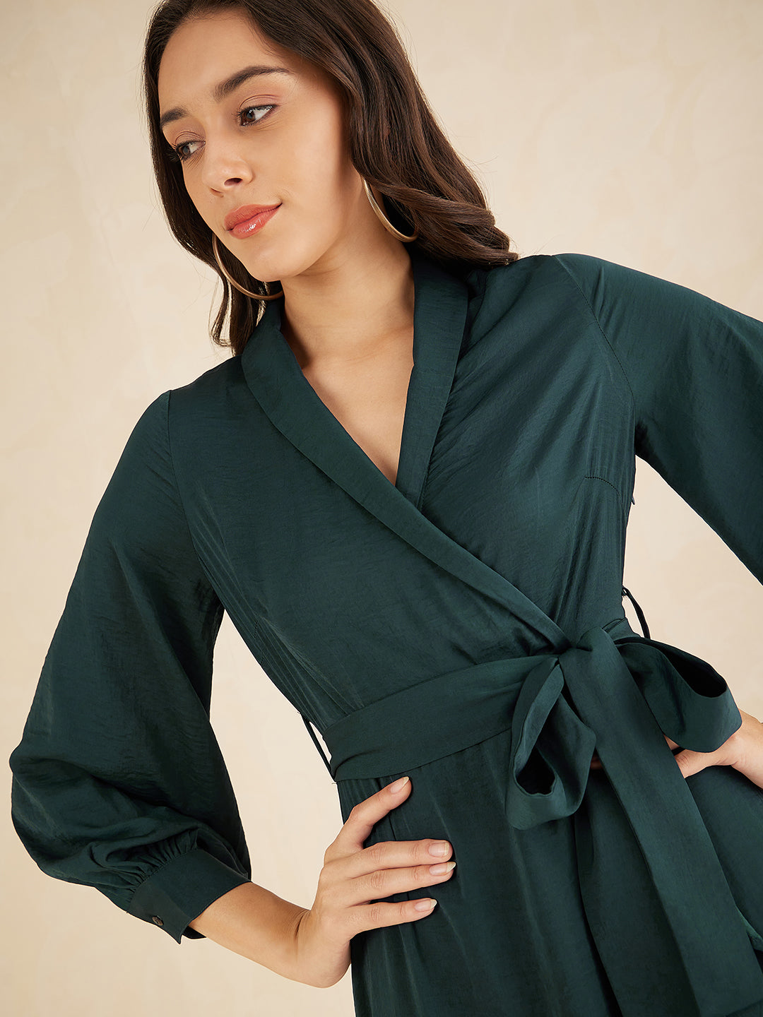 Green Shawl Collar Belted Wrap Maxi Dress