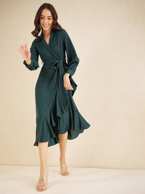 Green Shawl Collar Belted Wrap Maxi Dress