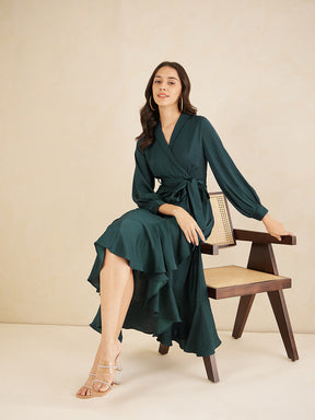 Green Shawl Collar Belted Wrap Maxi Dress