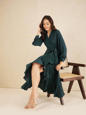 Green Shawl Collar Belted Wrap Maxi Dress
