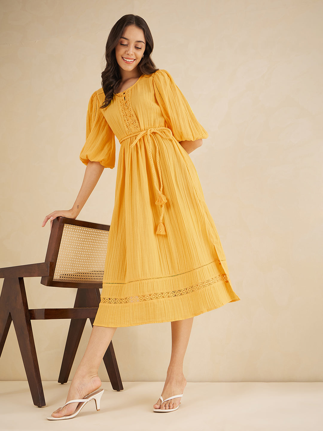 Yellow Solid Lace Detail Belted Maxi Dress
