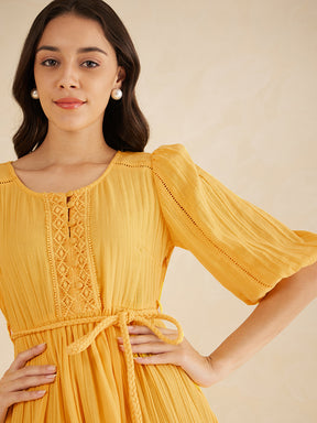 Yellow Solid Lace Detail Belted Maxi Dress