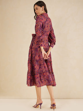 Purple Paisley  Printed Tiered Maxi Shirt Dress