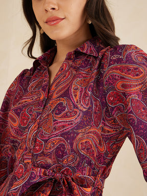 Purple Paisley  Printed Tiered Maxi Shirt Dress