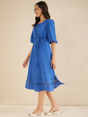 Blue Solid Lace Detail Belted Maxi Dress